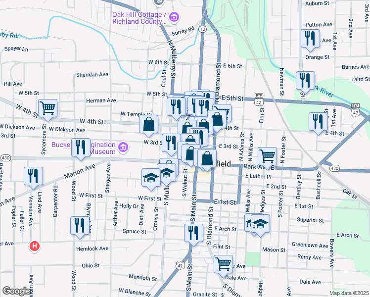 map of restaurants, bars, coffee shops, grocery stores, and more near 33 North Walnut Street in Mansfield