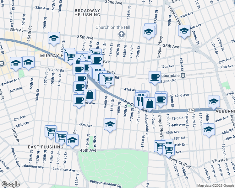 map of restaurants, bars, coffee shops, grocery stores, and more near 1500 Northern Boulevard in Queens