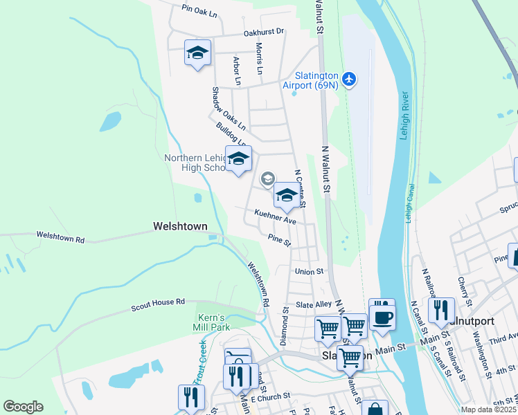 map of restaurants, bars, coffee shops, grocery stores, and more near 440 Kuehner Avenue in Slatington