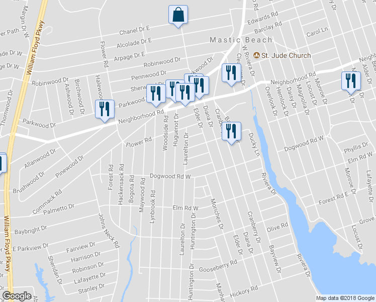 map of restaurants, bars, coffee shops, grocery stores, and more near 292 Cedar Road West in Mastic Beach