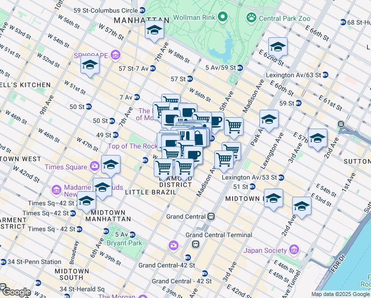 map of restaurants, bars, coffee shops, grocery stores, and more near 9 West 51st Street in New York