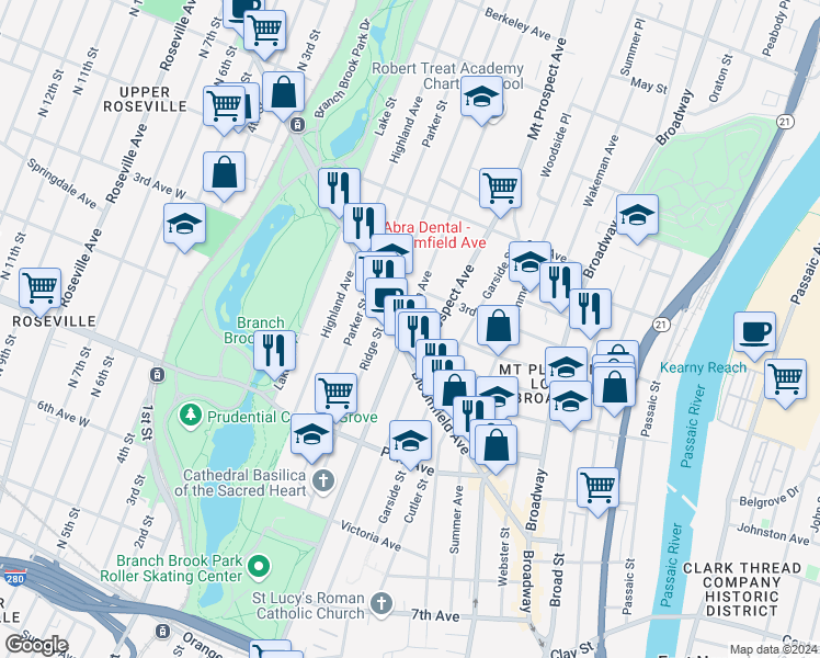 map of restaurants, bars, coffee shops, grocery stores, and more near 277 Clifton Avenue in Newark