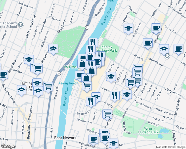 map of restaurants, bars, coffee shops, grocery stores, and more near 190 County Road 699 in Kearny