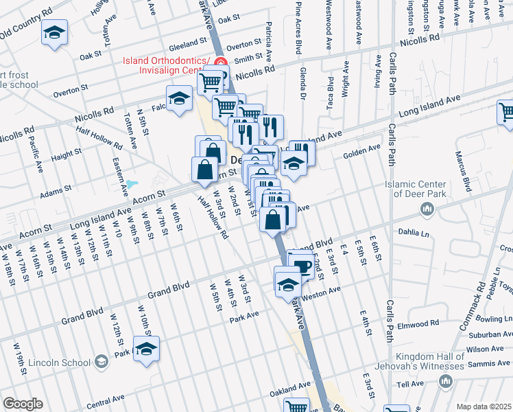 map of restaurants, bars, coffee shops, grocery stores, and more near 41 West 1st Street in Deer Park