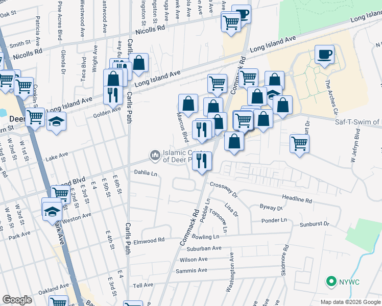map of restaurants, bars, coffee shops, grocery stores, and more near 680 Grand Boulevard in Deer Park
