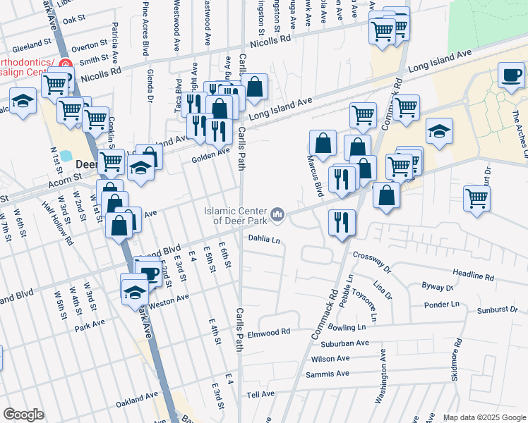 map of restaurants, bars, coffee shops, grocery stores, and more near 623 Grand Boulevard in Deer Park