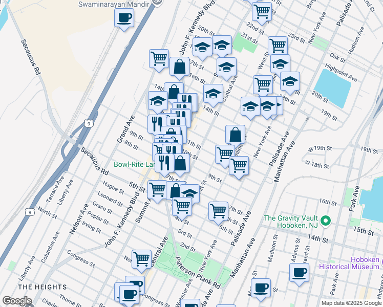 map of restaurants, bars, coffee shops, grocery stores, and more near 708 10th Street in Union City