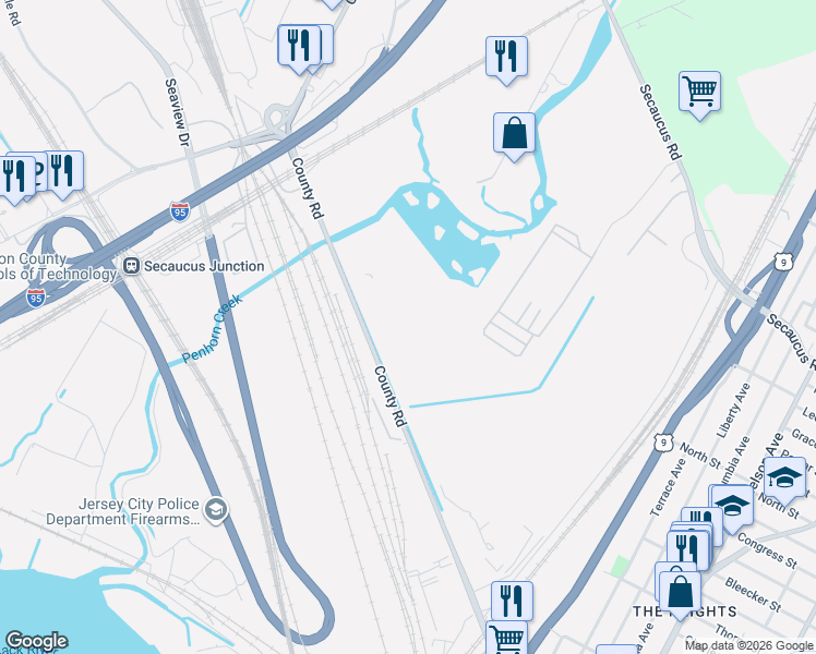 map of restaurants, bars, coffee shops, grocery stores, and more near 350 County Road in Jersey City