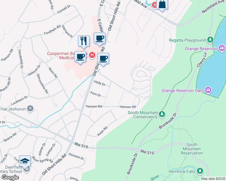 map of restaurants, bars, coffee shops, grocery stores, and more near 115 Old Short Hills Road in West Orange