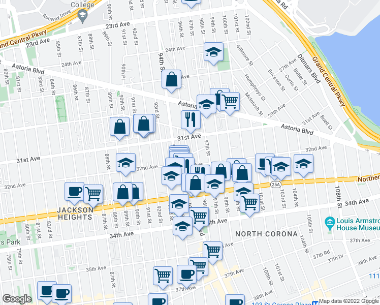 map of restaurants, bars, coffee shops, grocery stores, and more near 31-39 95th Street in Queens