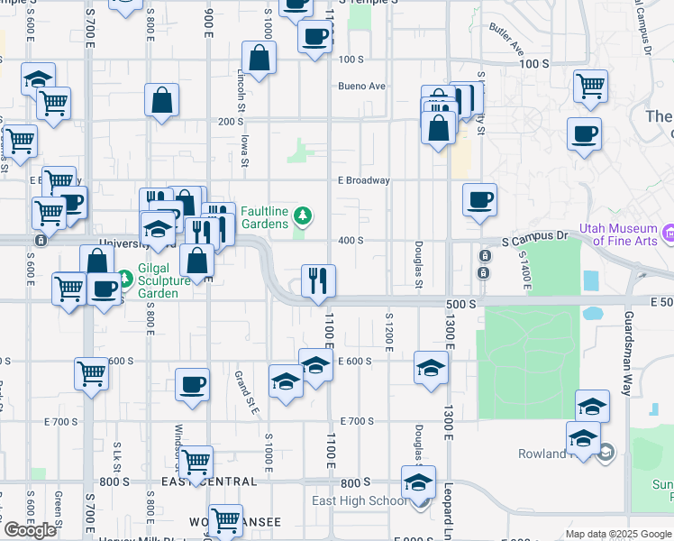 map of restaurants, bars, coffee shops, grocery stores, and more near 439 1100 East in Salt Lake City