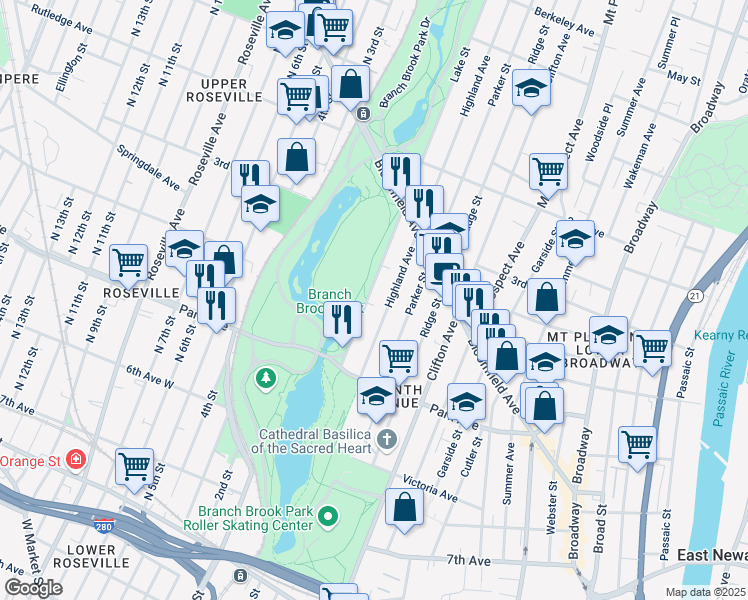 map of restaurants, bars, coffee shops, grocery stores, and more near 257 Lake Street in Newark