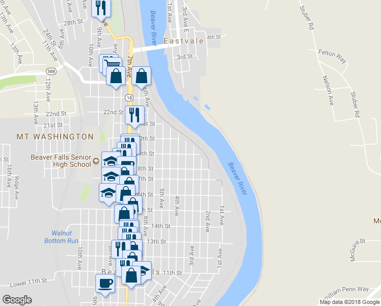 map of restaurants, bars, coffee shops, grocery stores, and more near 1901 3rd Avenue in Beaver Falls