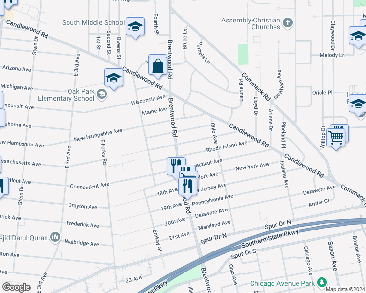 map of restaurants, bars, coffee shops, grocery stores, and more near 156 Massachusetts Avenue in Bay Shore