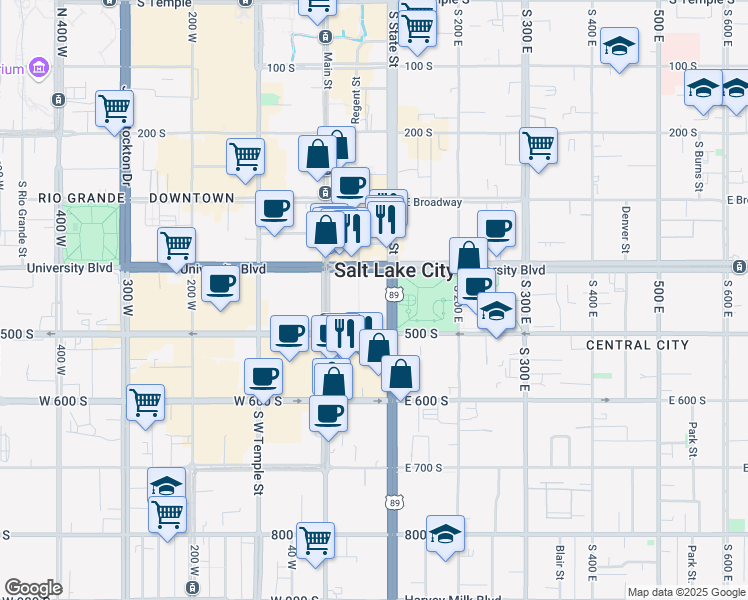 map of restaurants, bars, coffee shops, grocery stores, and more near 450 South State Street in Salt Lake City