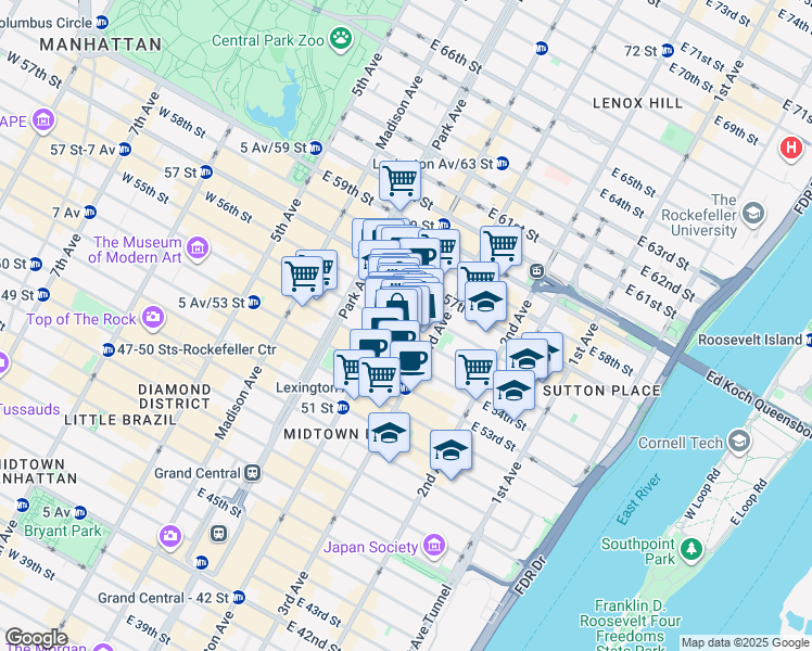 map of restaurants, bars, coffee shops, grocery stores, and more near 676 Lexington Avenue in New York