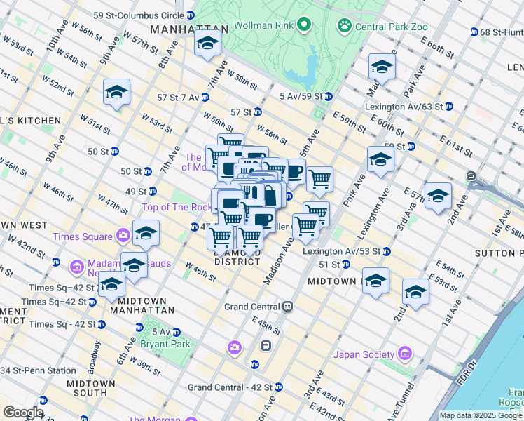 map of restaurants, bars, coffee shops, grocery stores, and more near 640 5th Avenue in New York
