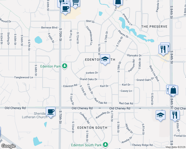 map of restaurants, bars, coffee shops, grocery stores, and more near 7331 Forbes Drive in Lincoln