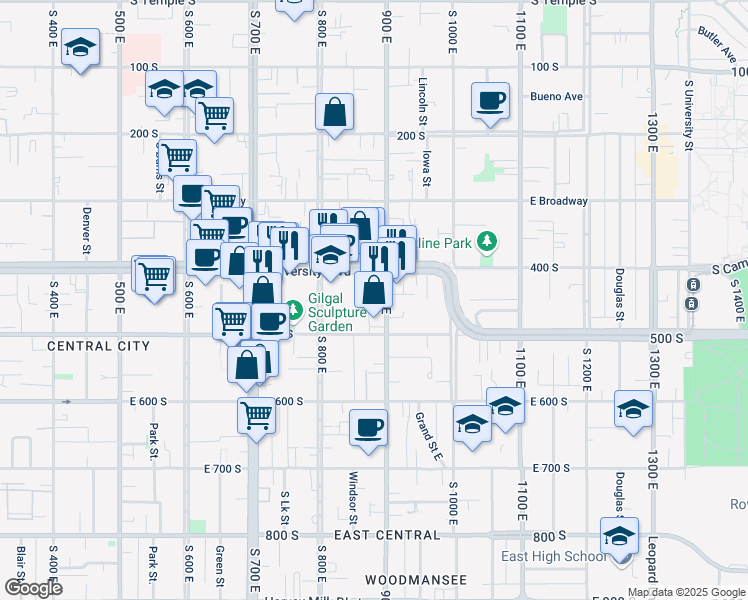 map of restaurants, bars, coffee shops, grocery stores, and more near 444 900 East in Salt Lake City