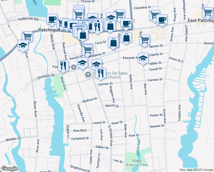 map of restaurants, bars, coffee shops, grocery stores, and more near 22 Carman Street in Patchogue