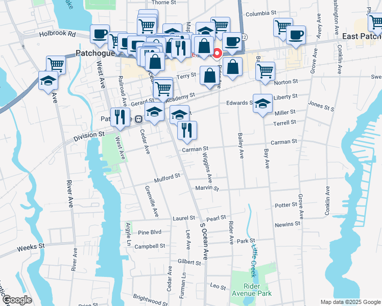 map of restaurants, bars, coffee shops, grocery stores, and more near 22 Carman Street in Patchogue
