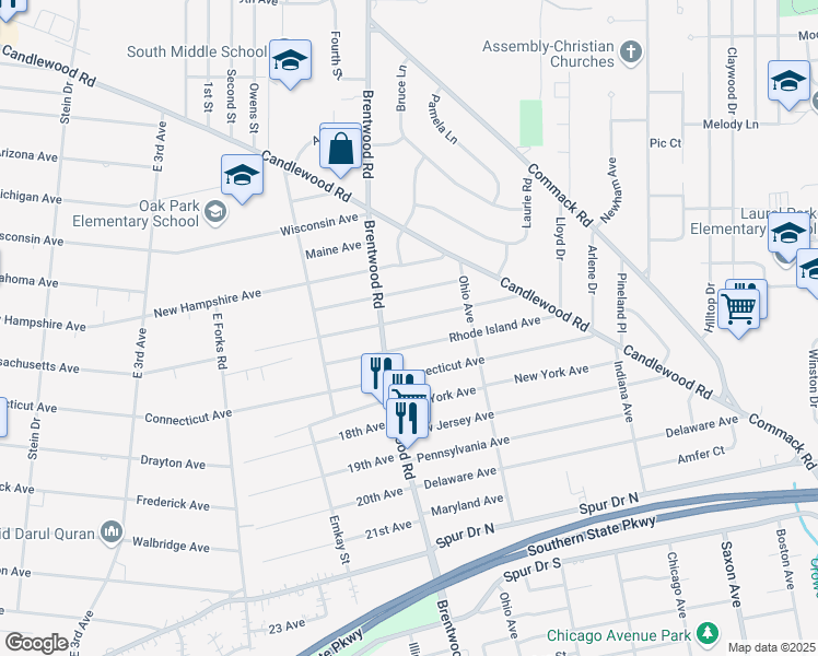 map of restaurants, bars, coffee shops, grocery stores, and more near 156 Massachusetts Avenue in Bay Shore