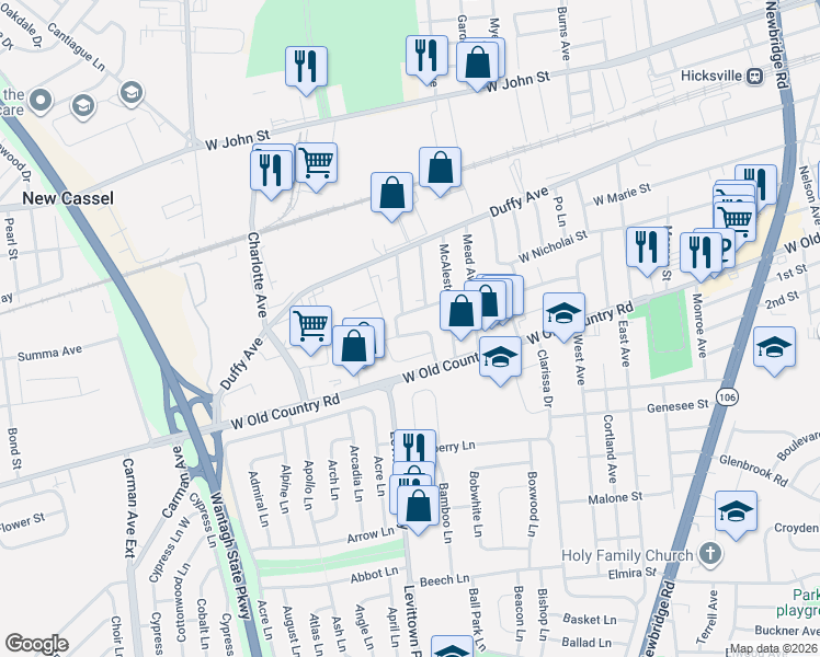 map of restaurants, bars, coffee shops, grocery stores, and more near 18 Chance Street in Hicksville