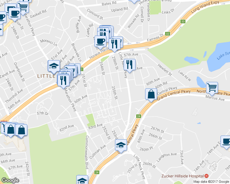 map of restaurants, bars, coffee shops, grocery stores, and more near 60-99 255th Street in Queens