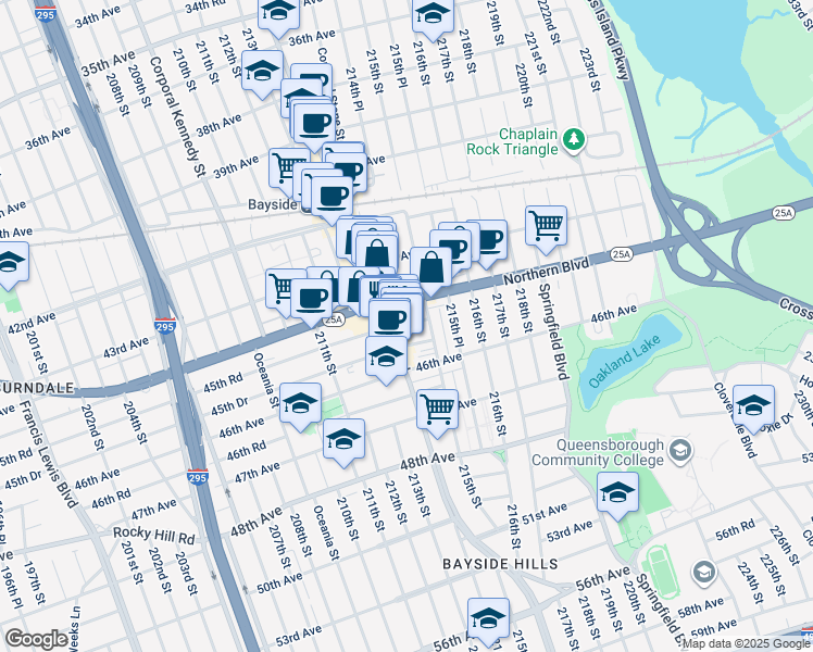 map of restaurants, bars, coffee shops, grocery stores, and more near 45-30 Bell Boulevard in Queens