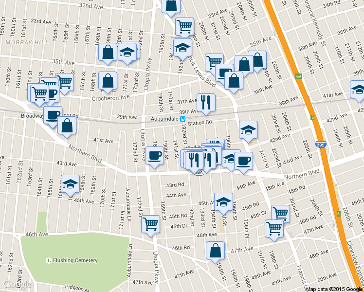 map of restaurants, bars, coffee shops, grocery stores, and more near 19207 42nd Avenue in Queens