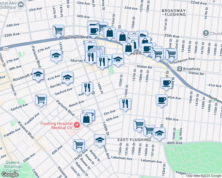 map of restaurants, bars, coffee shops, grocery stores, and more near 42-52 Murray Street in Queens