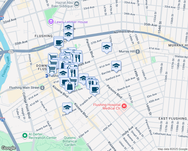 map of restaurants, bars, coffee shops, grocery stores, and more near 143-29 Barclay Avenue in Queens