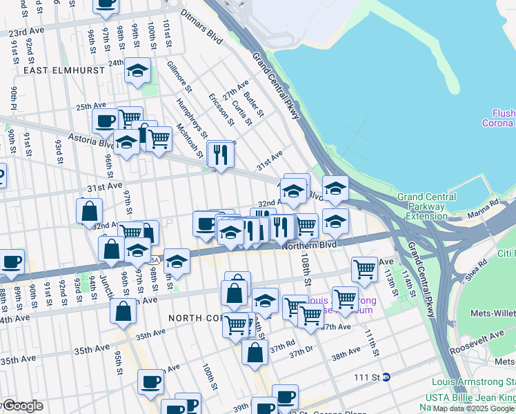 map of restaurants, bars, coffee shops, grocery stores, and more near 104-06 32nd Avenue in Queens