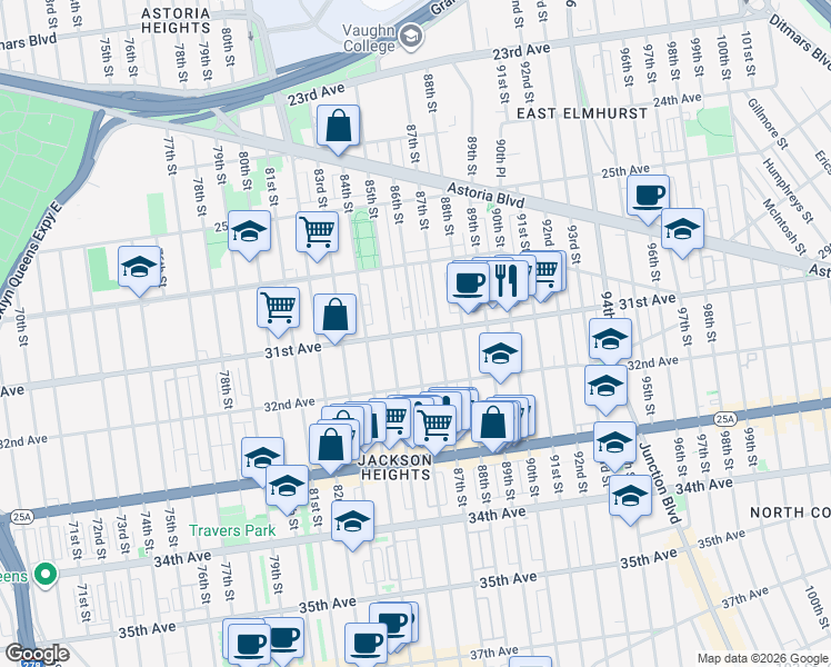 map of restaurants, bars, coffee shops, grocery stores, and more near 31-02 86th Street in Queens