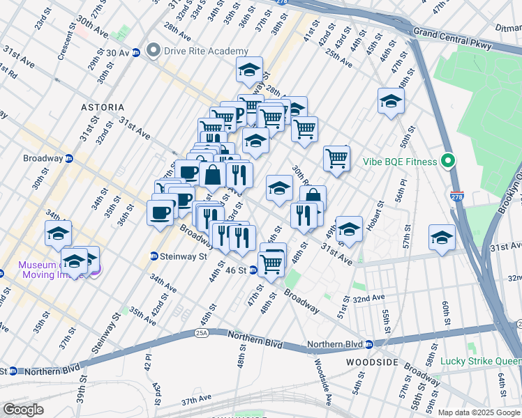 map of restaurants, bars, coffee shops, grocery stores, and more near 31-09 44th Street in Queens