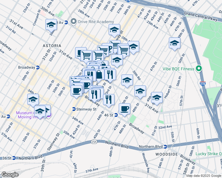 map of restaurants, bars, coffee shops, grocery stores, and more near 31-30 43rd Street in Queens