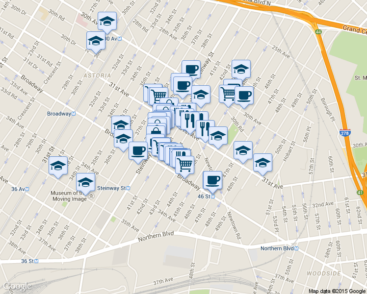 map of restaurants, bars, coffee shops, grocery stores, and more near 31-30 43rd Street in Queens
