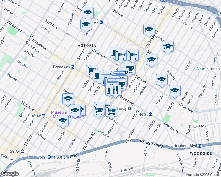 map of restaurants, bars, coffee shops, grocery stores, and more near 37-15 Broadway in Queens