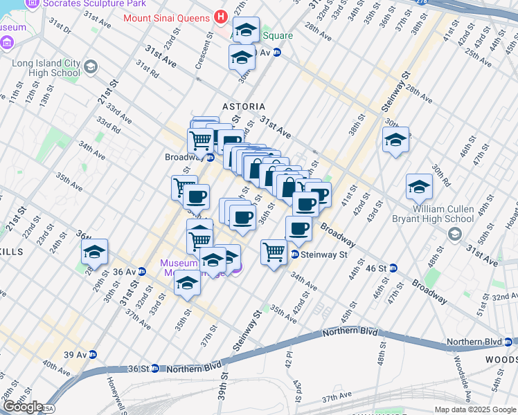 map of restaurants, bars, coffee shops, grocery stores, and more near 32-36 35th Street in Queens