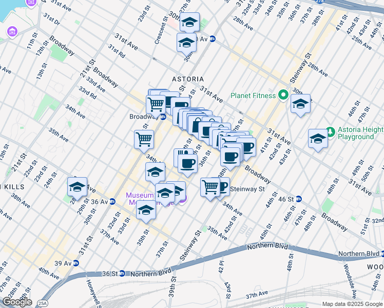 map of restaurants, bars, coffee shops, grocery stores, and more near 32-40 35th Street in Queens