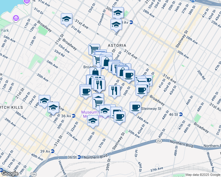 map of restaurants, bars, coffee shops, grocery stores, and more near 32-60 34th Street in Queens
