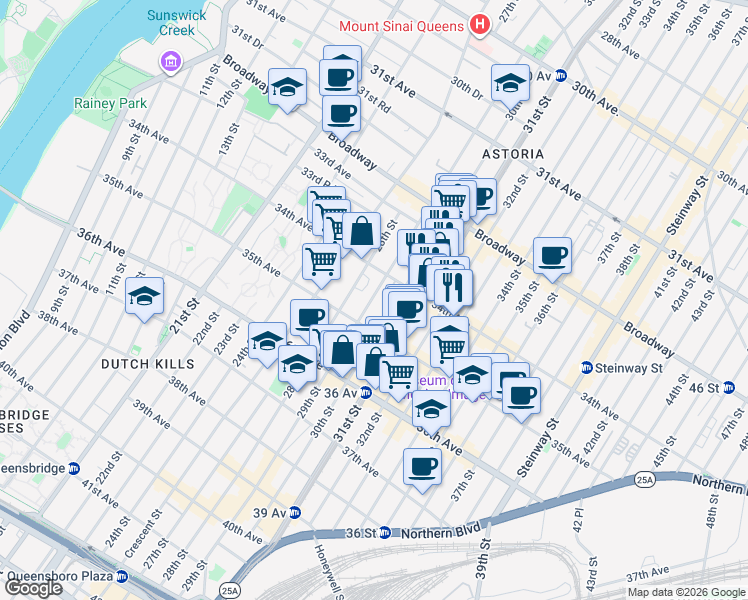 map of restaurants, bars, coffee shops, grocery stores, and more near 34-34 30th Street in Queens