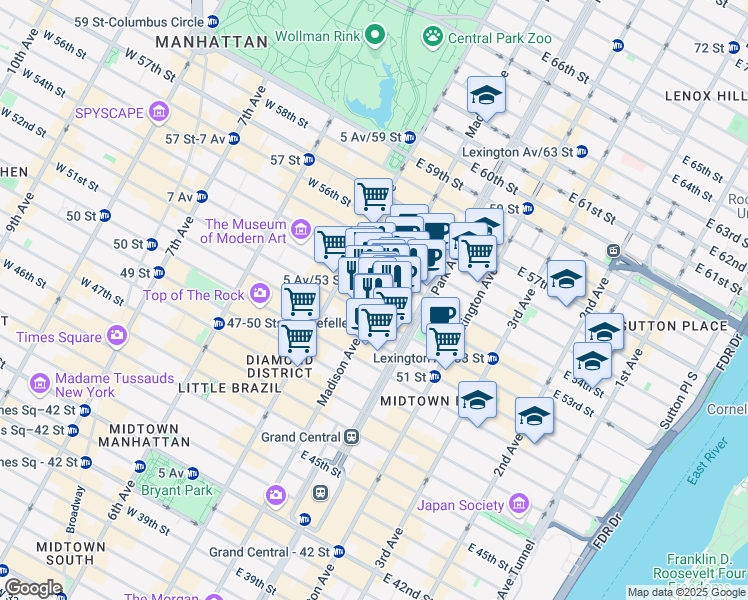 map of restaurants, bars, coffee shops, grocery stores, and more near 509 Madison Avenue in New York