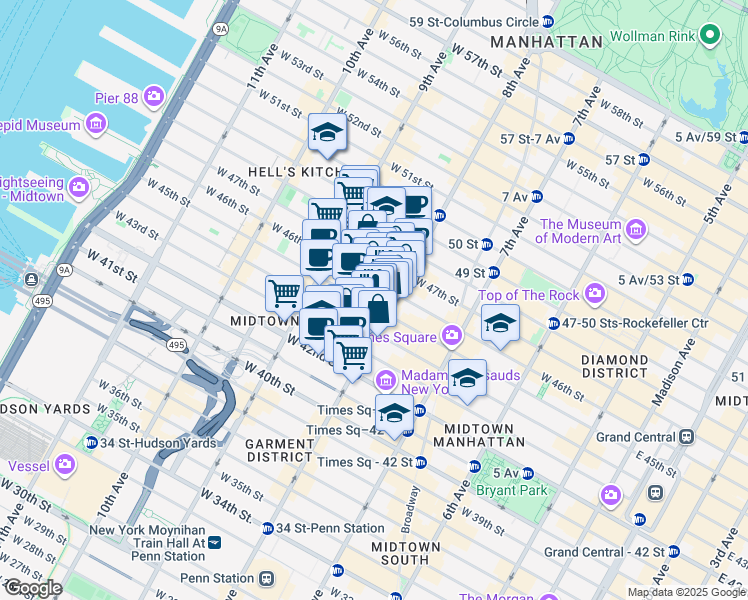 map of restaurants, bars, coffee shops, grocery stores, and more near 305 West 45th Street in New York