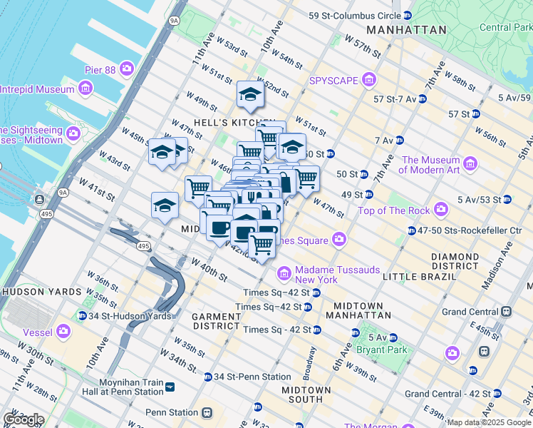 map of restaurants, bars, coffee shops, grocery stores, and more near 344 West 45th Street in New York