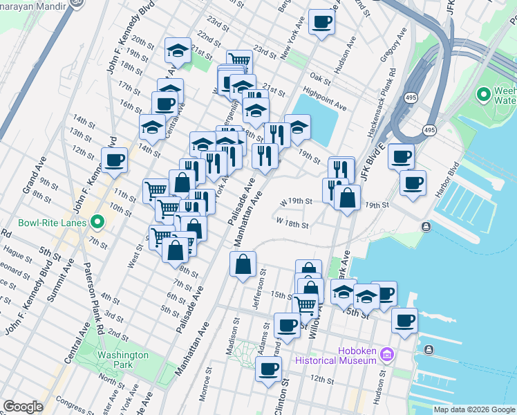 map of restaurants, bars, coffee shops, grocery stores, and more near 60 West 19th Street in Weehawken