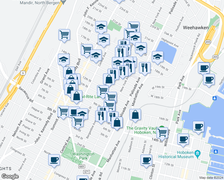 map of restaurants, bars, coffee shops, grocery stores, and more near 416 12th Street in Union City