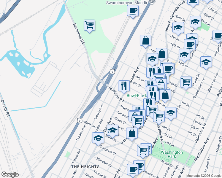 map of restaurants, bars, coffee shops, grocery stores, and more near in North Bergen