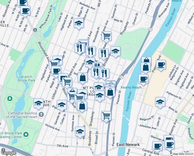 map of restaurants, bars, coffee shops, grocery stores, and more near 253 Broadway in Newark