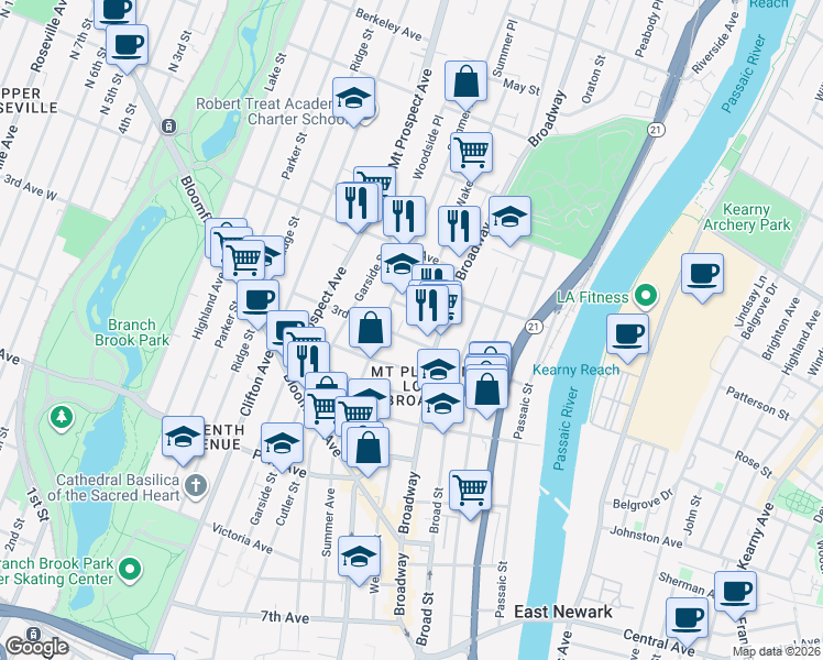 map of restaurants, bars, coffee shops, grocery stores, and more near 91 3rd Avenue in Newark